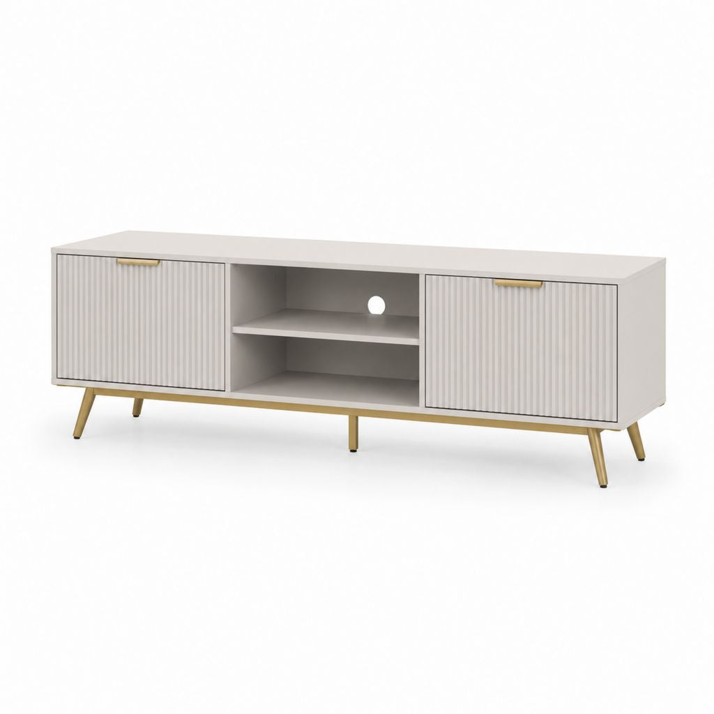 Mobile TV basso grigio chiaro in MDF laminato con ante scanalate e ripiani 180 x 40 x 60 cm