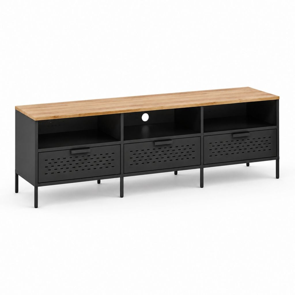 Mobile TV in acciaio nero e bambù rettangolare con 3 cassetti 140 x 40 x 60 cm