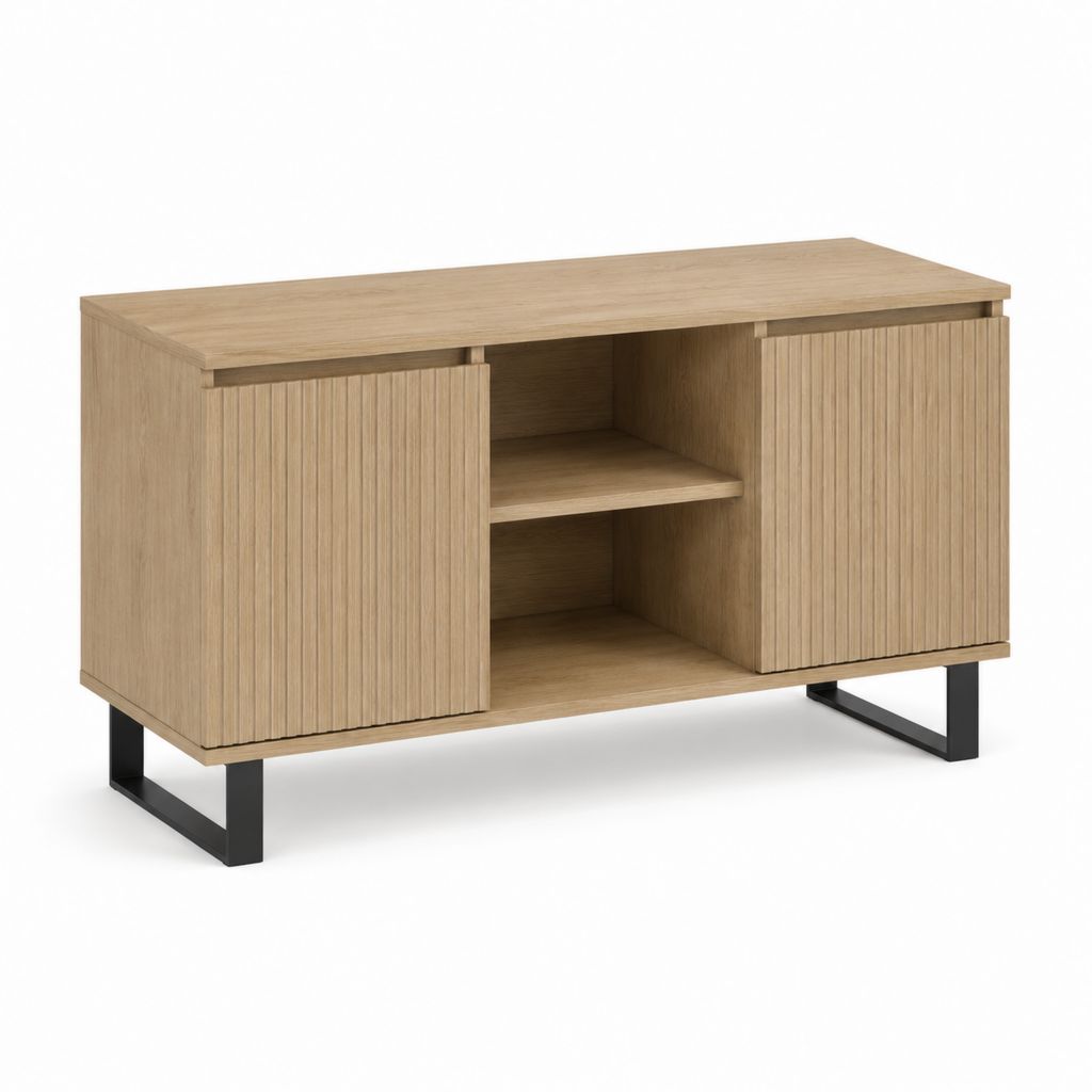 Mobile TV rovere naturale con ante scorrevoli in MDF e gambe in acciaio 120 x 40 x 65 cm