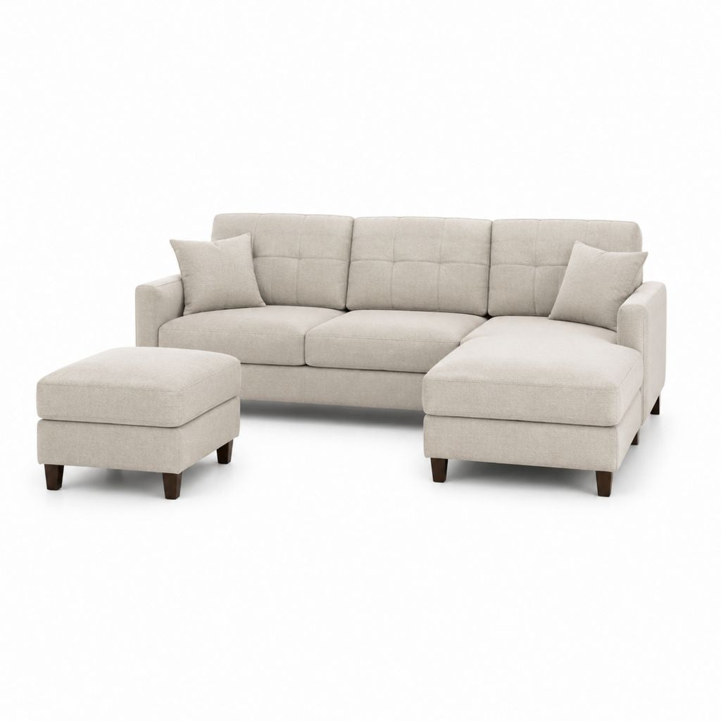 Divano angolare 3 posti con chaise longue e pouf beige in poliestere 250 x 155 x 86 cm