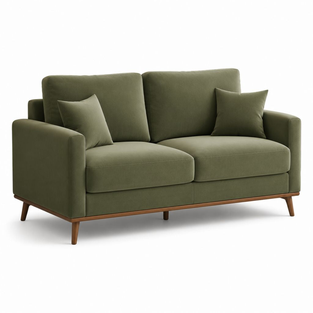 Divano 2 posti rettangolare verde oliva in poliestere con gambe in legno massello di caucciù 160 x 88 x 85 cm