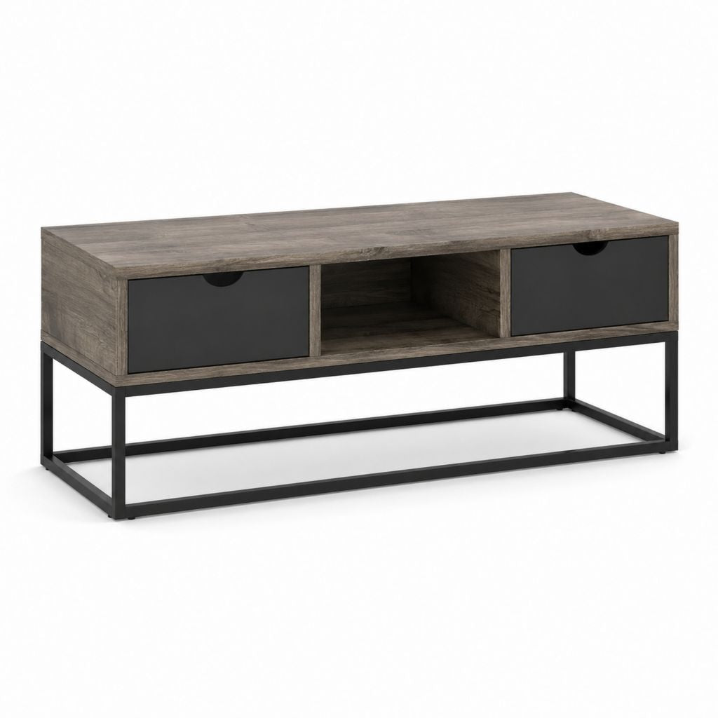 Mobile TV con 2 cassetti e vano aperto grigio effetto rovere e nero in pannello truciolare 120 x 40 x 50 cm