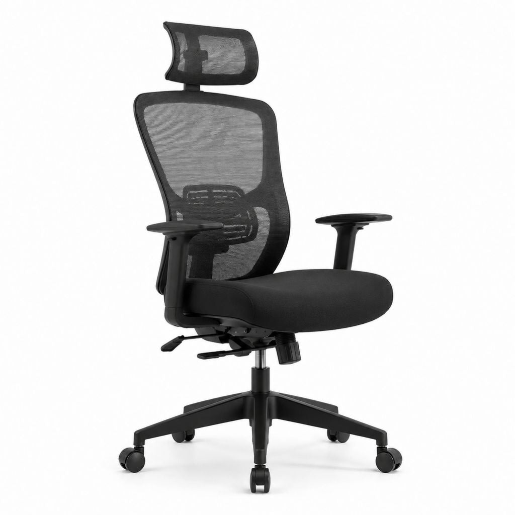 Sedia da ufficio ergonomica nera in rete di poliestere con poggiatesta e supporto lombare 66 x 66 x 116-126 cm