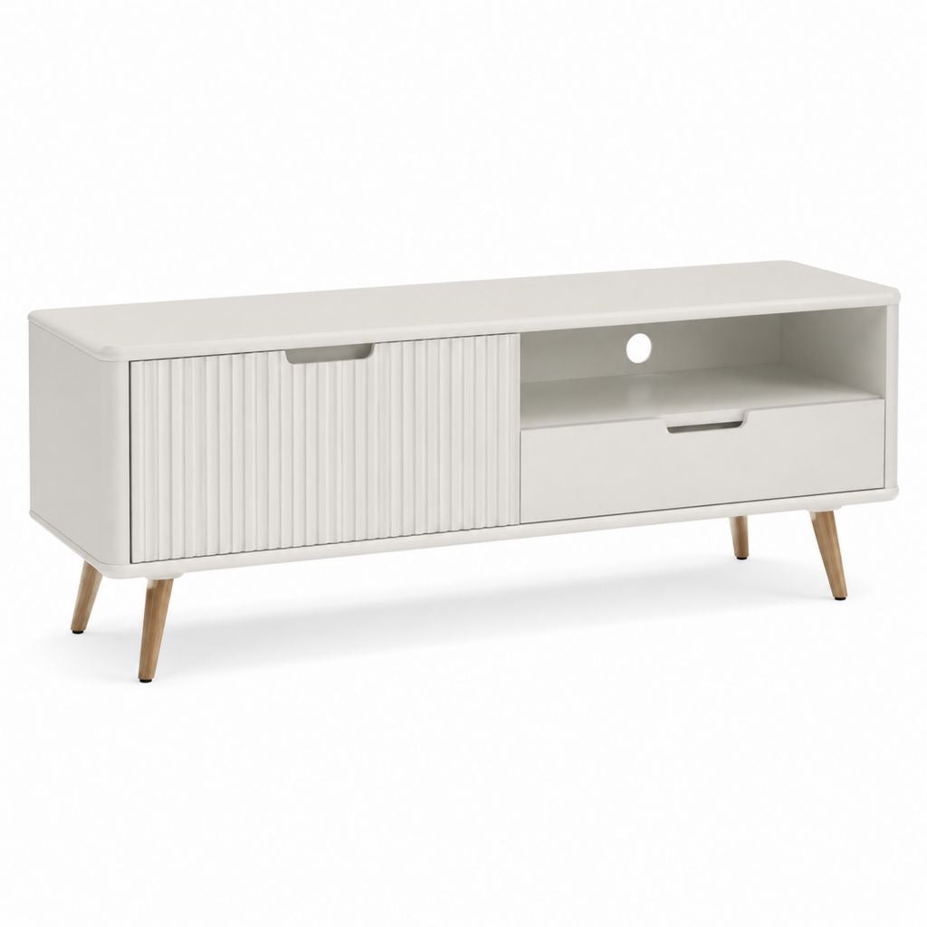 Mobile TV bianco in MDF rettangolare con anta scorrevole cassetto vano aperto e foro passacavi 120 x 40 x 55 cm