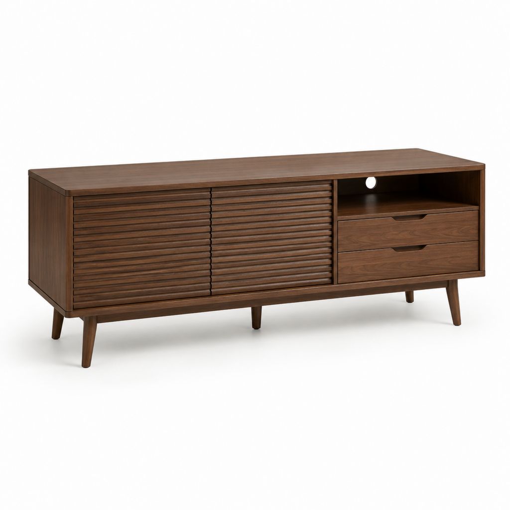 Mobile TV basso marrone noce in MDF impiallacciato rettangolare 180 x 45 x 70 cm con ante scorrevoli e cassetti