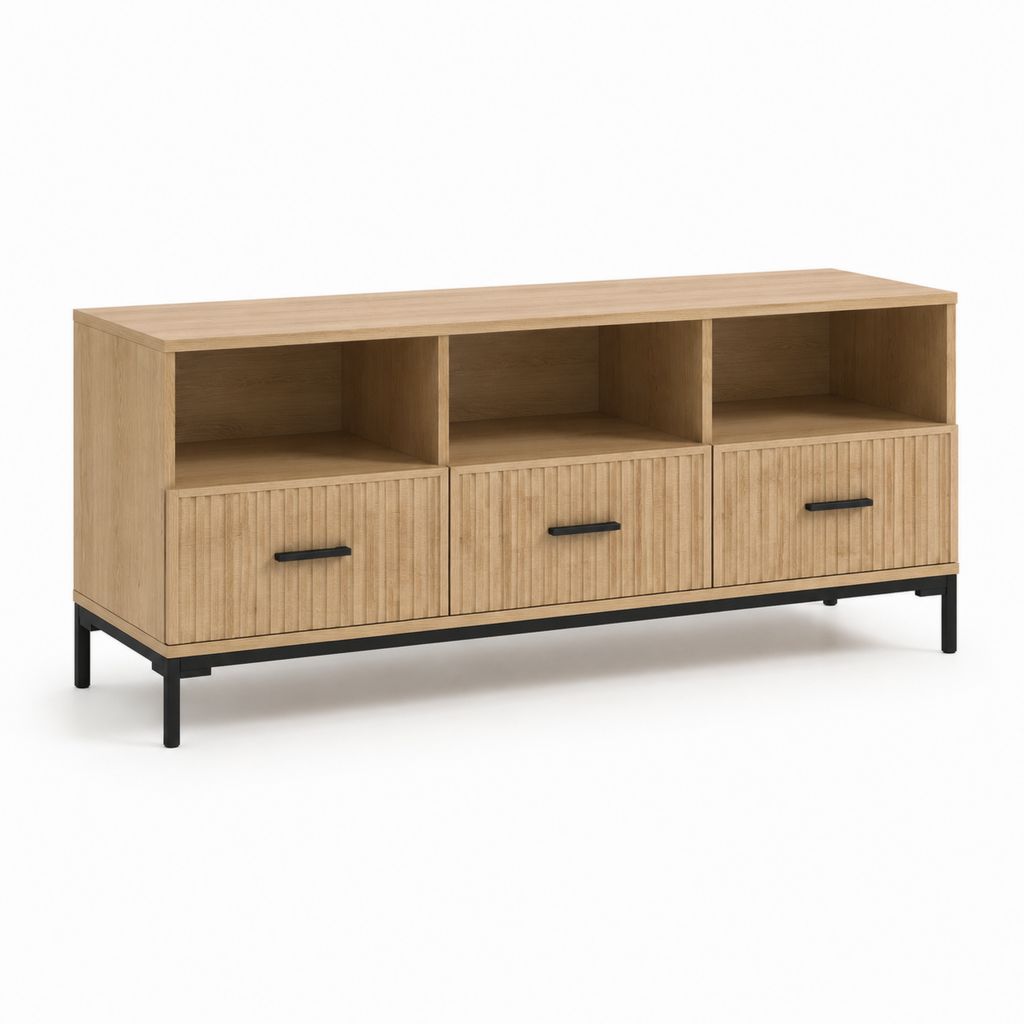 Mobile TV rettangolare rovere chiaro in pannello truciolare nobilitato 140 x 40 x 70 cm con 3 ante e vani aperti