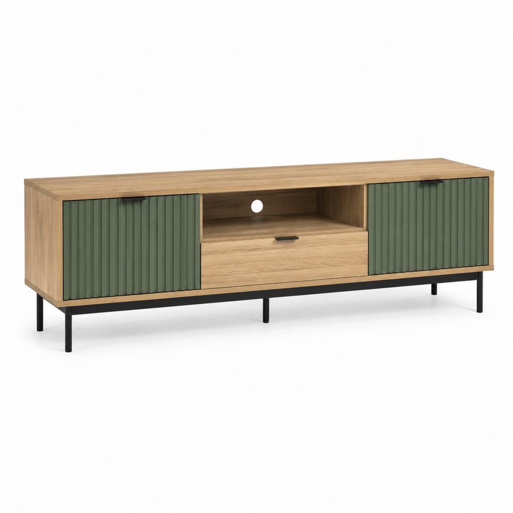 Mobile porta TV in truciolare rovere e verde con ante scanalate 160 x 40 x 60 cm